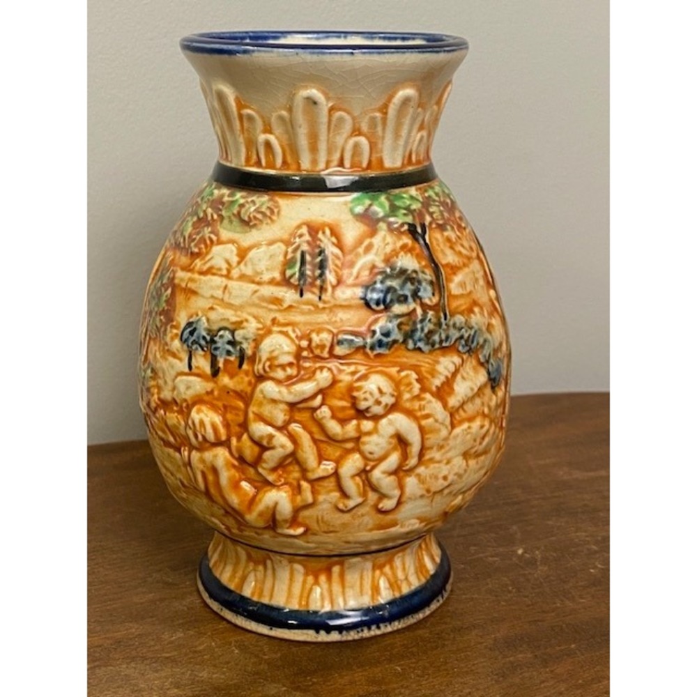 Cherub Relief Ceramic Vase Pastoral Scene Orange Blue Glaze 6.5 Inch Vintage